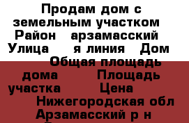 Продам дом с земельным участком › Район ­ арзамасский › Улица ­ 5 я линия › Дом ­ 20 › Общая площадь дома ­ 54 › Площадь участка ­ 11 › Цена ­ 2 250 000 - Нижегородская обл., Арзамасский р-н, Выездное пгт Недвижимость » Дома, коттеджи, дачи продажа   . Нижегородская обл.